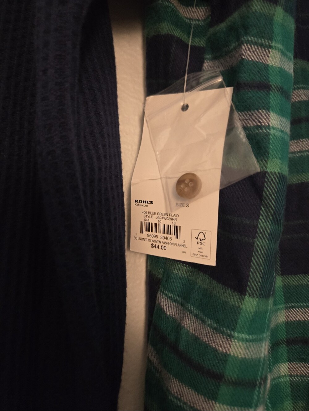 NWT Plaid Green & Blue Button-Up Shirt with Navy Flannel Sleeves, Size Juniors S - Picture 9 of 14